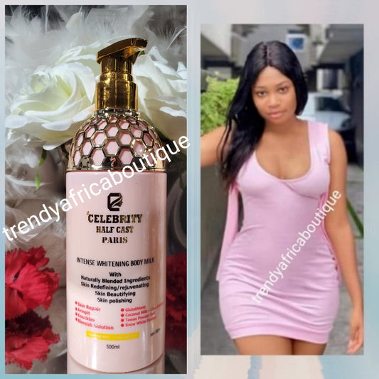 New product alert: Celebrity HALFCAST paris ( pink)  intense whitening body milk with naturally blended ingredients glutathion & coconut milk. Polishing body lotion 500ml x 1spf 50+