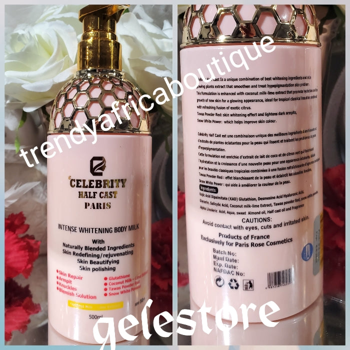 New product alert: Celebrity HALFCAST paris ( pink)  intense whitening body milk with naturally blended ingredients glutathion & coconut milk. Polishing body lotion 500ml x 1spf 50+