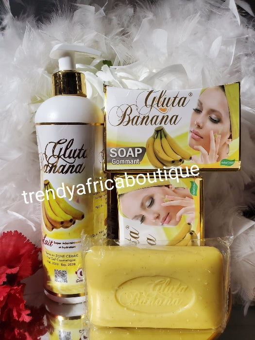 2 soap + 1 body lotion Gluta banana skin whitening body lotion and body soap. 200gx 2 bar