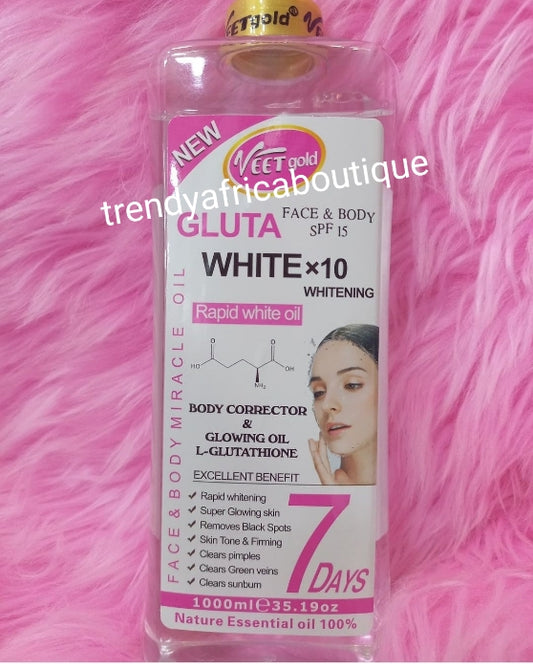 New Veetgold Gluta WHITE x 10 whitening Rapid oil. Body Corrector and glowing oil with L-GLUTATHION. 💯 Natural essential oil 1000mlx 1