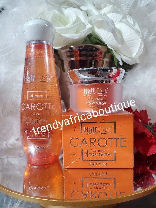 2pcs:Half cast carrot supreme lightening face cleanser & Half cast carotte supreme Restoring and glowing face cream, anti-wrinkle, anti spots. Vitamins E, carotte oil and kojic acid. 50g jar