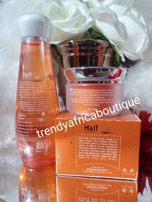 2pcs:Half cast carrot supreme lightening face cleanser & Half cast carotte supreme Restoring and glowing face cream, anti-wrinkle, anti spots. Vitamins E, carotte oil and kojic acid. 50g jar