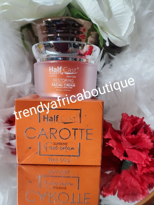 2pcs:Half cast carrot supreme lightening face cleanser & Half cast carotte supreme Restoring and glowing face cream, anti-wrinkle, anti spots. Vitamins E, carotte oil and kojic acid. 50g jar