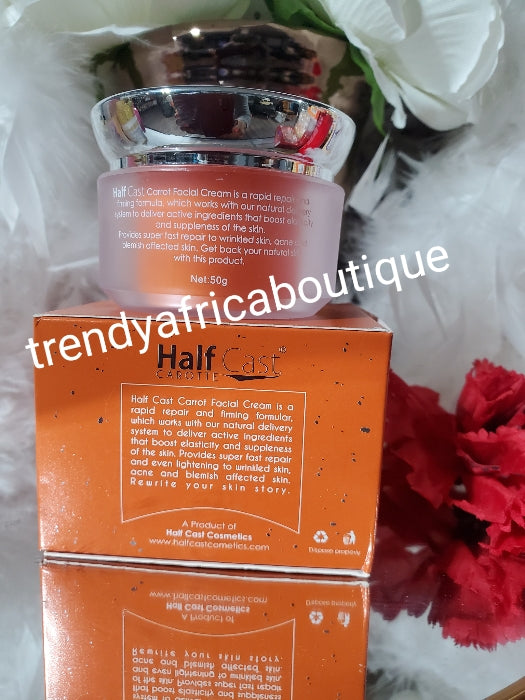 2pcs:Half cast carrot supreme lightening face cleanser & Half cast carotte supreme Restoring and glowing face cream, anti-wrinkle, anti spots. Vitamins E, carotte oil and kojic acid. 50g jar