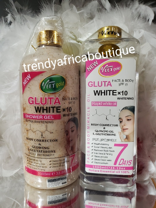 2pcs set: NEW VEETGOLD body corrector oil & Veetgold face and body Gluta white x10 whitening body corrector shower gel. With L-Glutathion 1000mlx 1 (Copy)