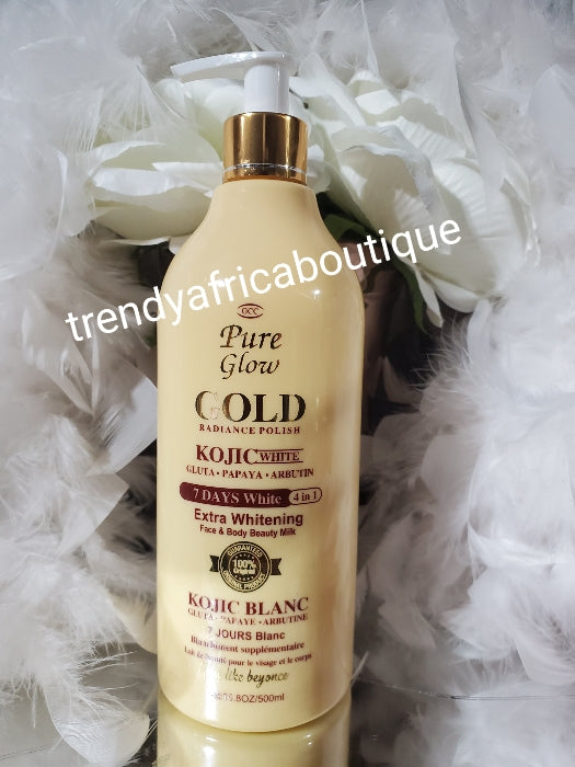 GCC pure Glow Gold.  Radiance polish kojic white body lotion with glutathion, papaya + Arbutin. Extra whitening face & body milk.7 days white. 500ml x 1