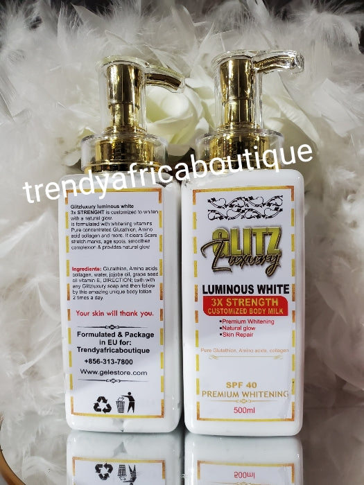 3pcs set: New banga😍Glitzluxury LUMINOUS WHITE 3X STRENGHT CUSTOMIZED BODY MILK. with premium whitening, skin repair and GLOWING formula, Glutathion serum + anti-aging Molato soap👌👌