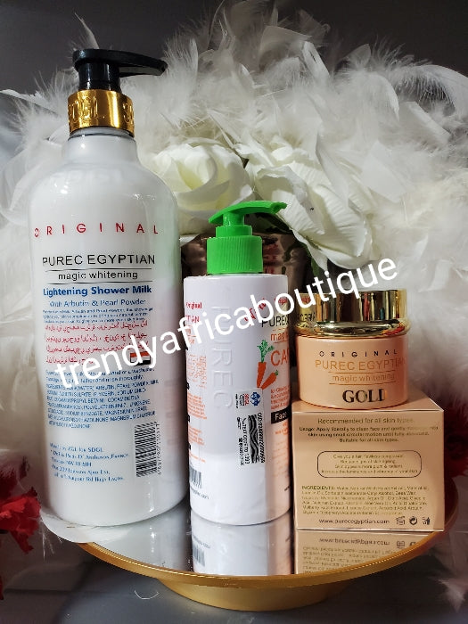 3pcs set; ORIGINAL Purec Egyptian magic lightening shower milk, face cream & purec egyptian magic Carrot body lotion body lotion,