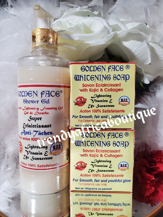 x1 Golden face shower gel. And 2 golden face bar soap.Super ecclaircissant anti stains.. triple action satisfaction. New and improved formula.