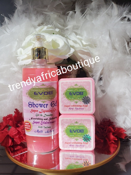 3pcs. Set: 1 EVOB Shower gel + 2 Evob moisturizing & whitening face and body soap. Anti spots. X 2  For sensitive skin