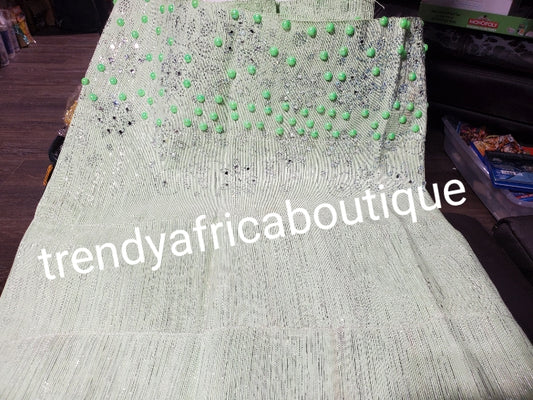 SWEET MInt green Bedazzled aso-oke. Nigerian woven traditional Aso-oke for making  beautiful head wrap. Beaded and Swarovski stones work for perfect headwrap finish. Gele only. Extra wide gele for bigger head wrap. 72" long × 26" wide