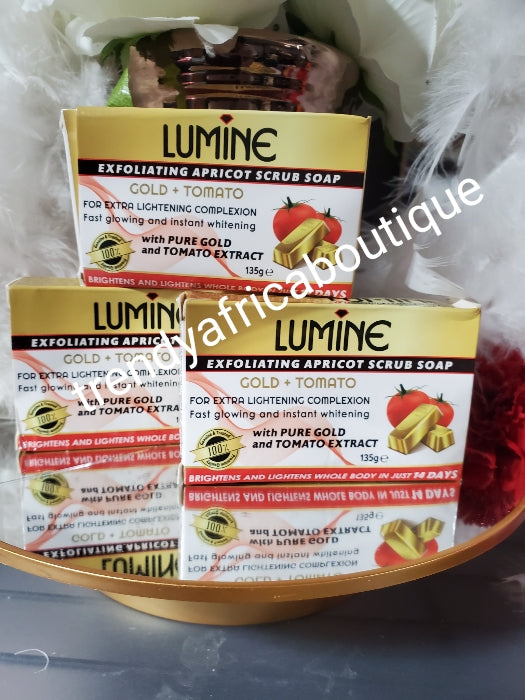 X 3  soap sale. Lumine exfoliating apricot scrub soap gold + tomato extracts  135g x 3