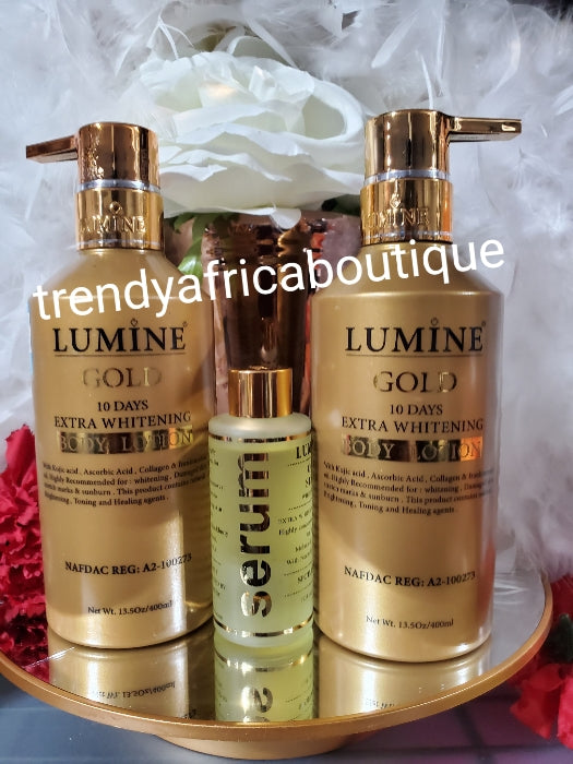 2-teiliges Set: Lumine Gold Gesichts- und Körperlotion 400 ml und ein Serum 50 ml. Zusätzliche Aufhellung mit Kollagen, Kojisäure. Strafft und heilt Ihre Haut mit Lichtschutzfaktor 50. Strafft und strahlend