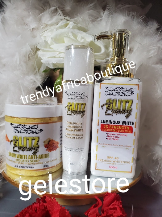 3pcs set: New banga😍Glitzluxury LUMINOUS WHITE 3X STRENGHT CUSTOMIZED BODY MILK. with premium whitening, skin repair and GLOWING formula, Glutathion serum + anti-aging Molato soap👌👌