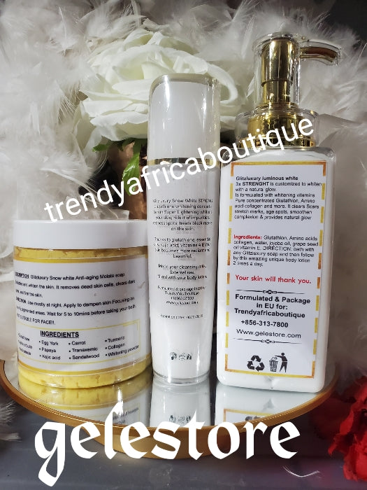 3pcs set: New banga😍Glitzluxury LUMINOUS WHITE 3X STRENGHT CUSTOMIZED BODY MILK. with premium whitening, skin repair and GLOWING formula, Glutathion serum + anti-aging Molato soap👌👌