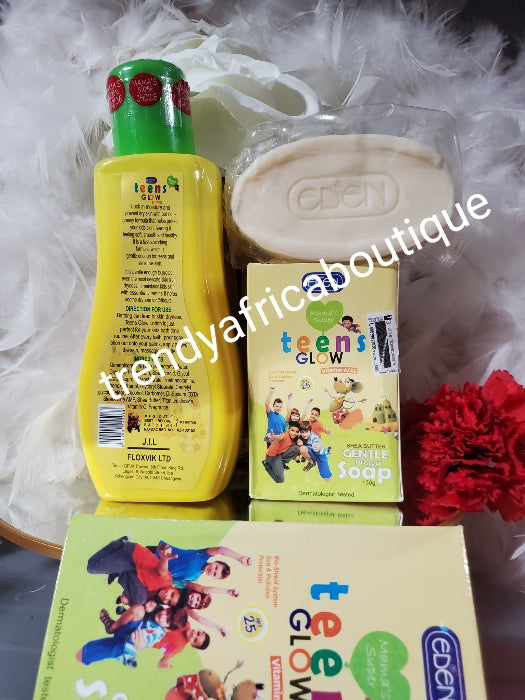 2pcs. Combo Eden glow body lotion 450ml  + bar soap 200g for kids and teens. Formulated with natural ingredients to nourish the growing body.