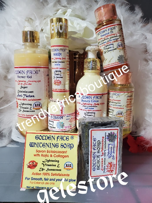 8pcs. Combo set: Original Golden face beauty milk 250ml, face cream,serum 60ml, facial soap, black soap,essential oil, face cleanser & shower gel set for all skin type.