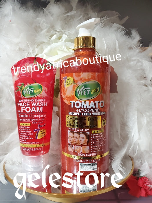 2pcs: VeetGold tomato + Lycopene shower gel spf 30 plus whitening tomato foaming face wash 100% natural organic formula. 200g x 1 & price is for the 2