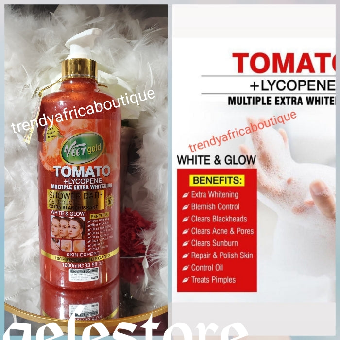 2pcs: VeetGold tomato + Lycopene shower gel spf 30 plus whitening tomato foaming face wash 100% natural organic formula. 200g x 1 & price is for the 2