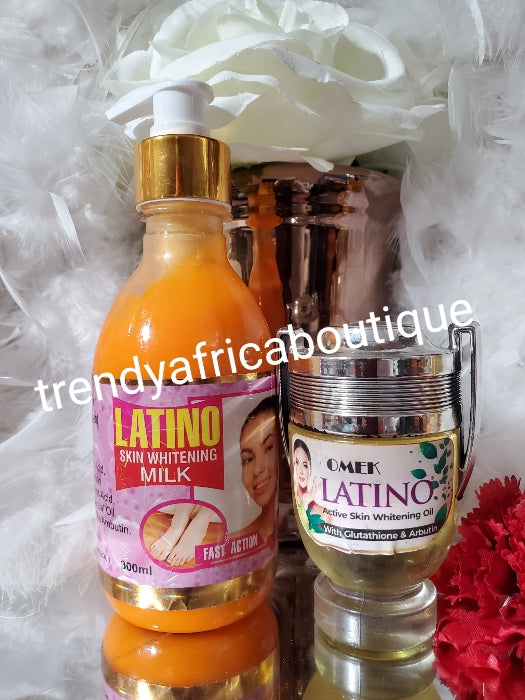 Fast action: OMEK WHITENING OIL +Latino skin whitening body lotion 300ml bottle fast action. With alpha arbuti, Azeliac acid and Vitamin B. Spf 20. Skin Whitening booster/promixing lotion