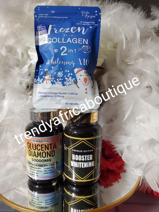 3pcs Combo: GLUCENTA DIAMOND, BOOSTER whitening supplements. Premier edition & 1 pack of Frozen collagen Skin Whitening, glowing and brightening.