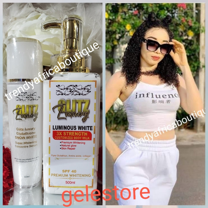 FAST ACTION BANGA: Glitzluxury LUMINOUS WHITE 3X STRENGHT CUSTOMIZED BODY MILK👌 with premium whitening, skin repair, softe & GLOWING formula; 💯 Pure Glutathion, AMINO ACID & COLLAGEN 500ML PLUS glitzluxury Glutathion & kojic serum 100mlx 1