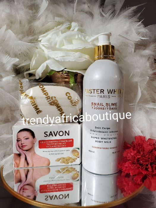2pcs. Faster White Paris with snail slime 7 days action body lotion PLUS glutathion comprime whitening soap combo. Is fast whitening & Repair  body lotion for all skin type: flawless healthy complexion. 500ml hydroquinone FREE body milk !