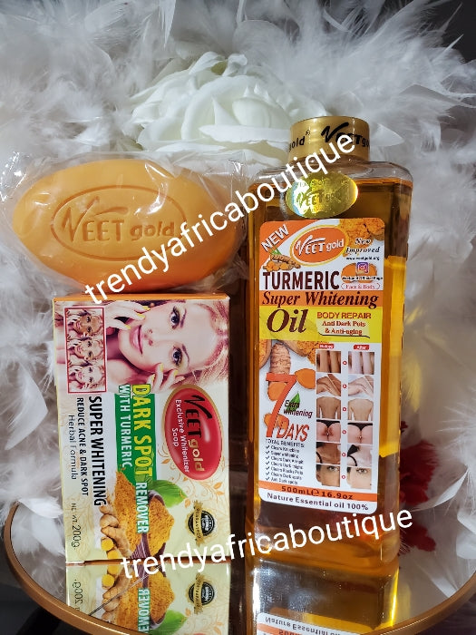 2pcs. Set. 500ml of VEETGOLD TURMERIC body repair treatment oil. Super glowing & Veet gold exclusive soap: whitening & dark spots and acne remover with turmeric extracts 200g x1. Herbal formula face and body wash. 💯 Authentic