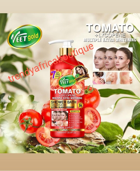 VeetGold tomato + Lycopene shower gel spf 30 visible results in 7 days 1000ml x1 . Natural and organic formula spf 30