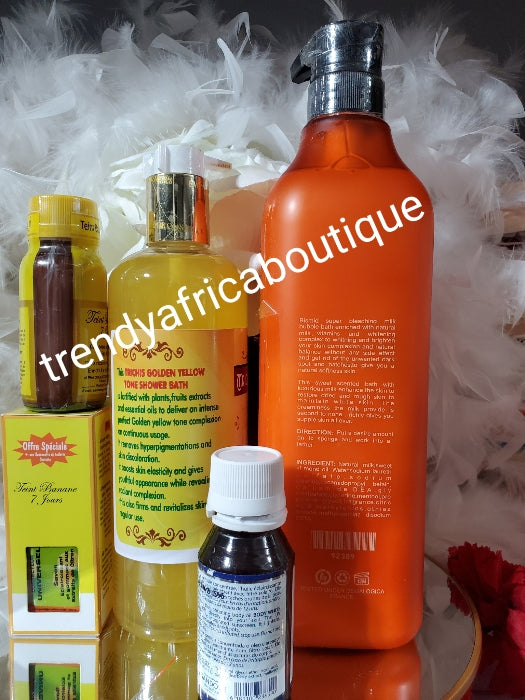DIY OSHAPRAPRA super whitening shower gel; 4pcs. Set. Bismid shower gel, Trichis golden shower bath, teint Banana stage 2 nourishes serum & body white oil 🔥👌👌