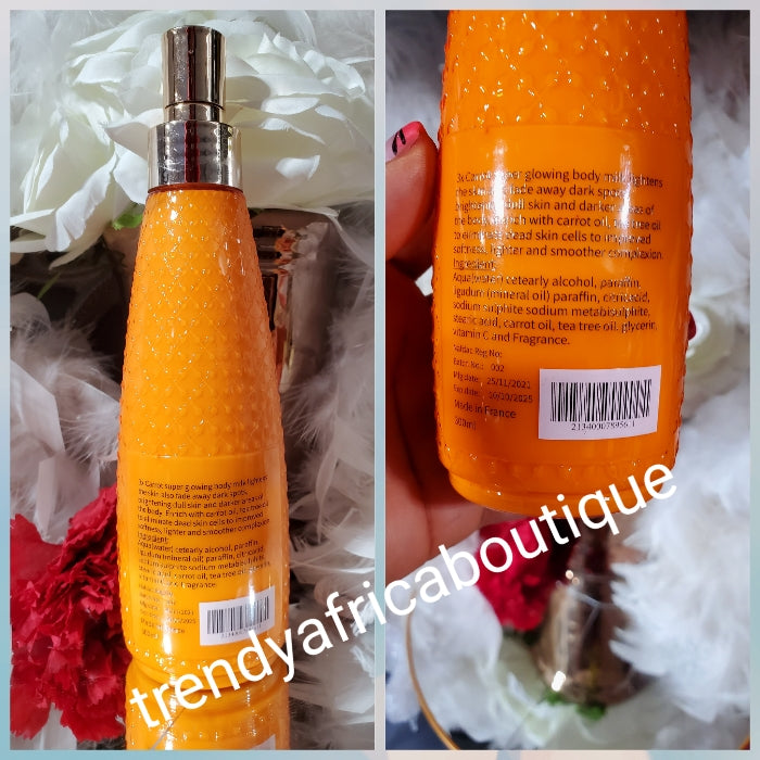 Super glow paris 3x carrot super glowing body lotion with spf50 300ml x1. Brightening and glowing body milk with carrot oil