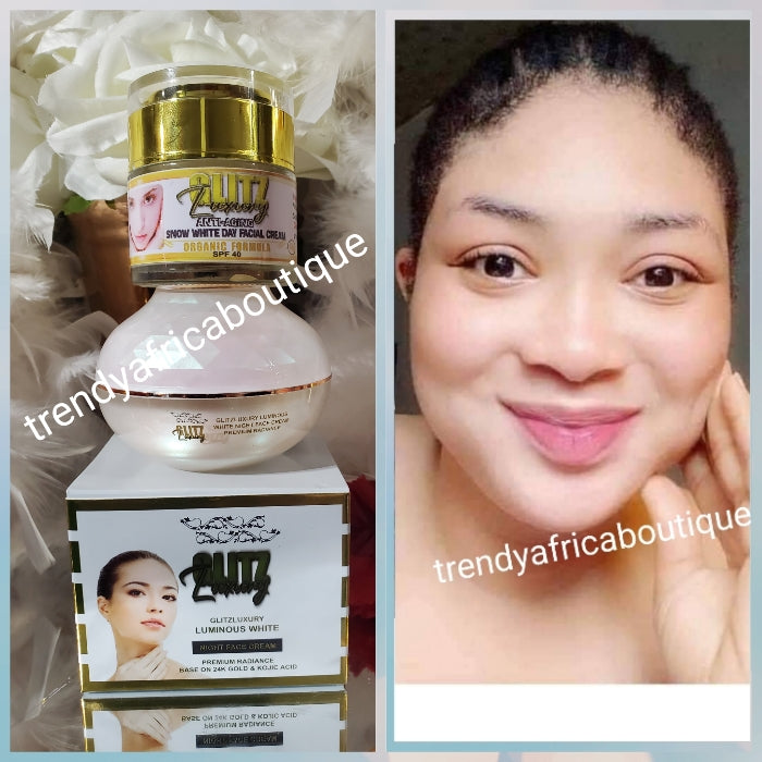 Combo BANGA: 2PCS. set OSHAPRAPRA 5-7 days action!!! Glitzluxury luminous White NIGHT FACE CREAM. Premium Radiance 75g x 1 PLUS SNOW WHITE anti ageing face cream 60gx 1 spf 40 with snail slime!!💯👌