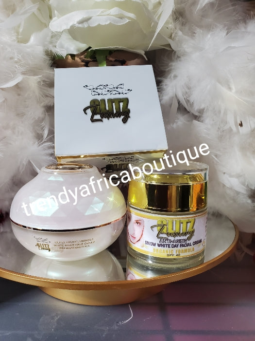 Combo BANGA: 2PCS. set OSHAPRAPRA 5-7 days action!!! Glitzluxury luminous White NIGHT FACE CREAM. Premium Radiance 75g x 1 PLUS SNOW WHITE anti ageing face cream 60gx 1 spf 40 with snail slime!!💯👌