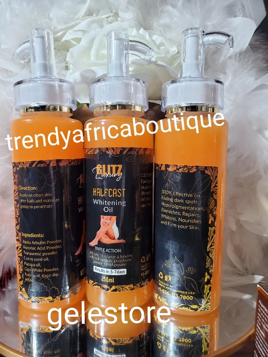 NEW PRODUCT ALERT👌👌💪TOP QUALITY Glitzluxury HALFCAST oil Triple action moisturize, whitens and repairs your skin. 250mlx 1 bottle: Results in 5 to 7 days! Kojic dip, giga white powder, carrot oil & more