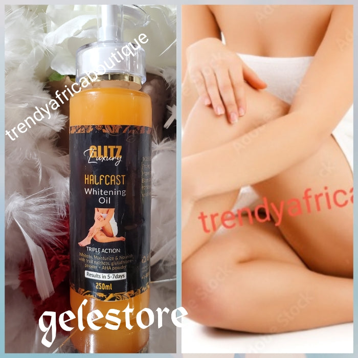 NEW PRODUCT ALERT👌👌💪TOP QUALITY Glitzluxury HALFCAST oil Triple action moisturize, whitens and repairs your skin. 250mlx 1 bottle: Results in 5 to 7 days! Kojic dip, giga white powder, carrot oil & more