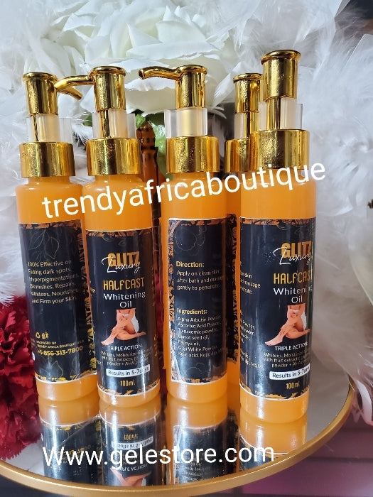 NEW PRODUCT ALERT: TOP QUALITY Glitzluxury HALFCAST oil Triple action moisturize, whitens and repairs your skin. 100mlx 1 bottle: Results in 5 to 7 days! Kojic dip, giga white powder, carrot oil & more