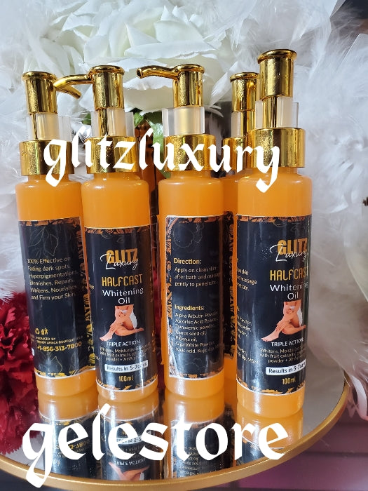 NEW PRODUCT ALERT: TOP QUALITY Glitzluxury HALFCAST oil Triple action moisturize, whitens and repairs your skin. 100mlx 1 bottle: Results in 5 to 7 days! Kojic dip, giga white powder, carrot oil & more