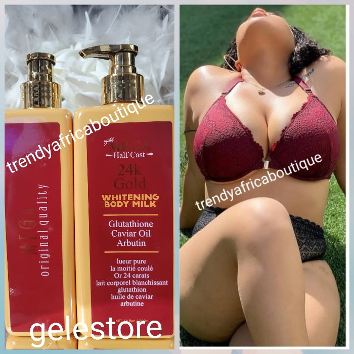 Another Banga body Milk!!! Mega Halfcast 24k Gold whitening body lotion with caviar oil, glutathione & Arbutin. Spf50. White & smooth in 7 days visible RESULTS. 500ML X 1.