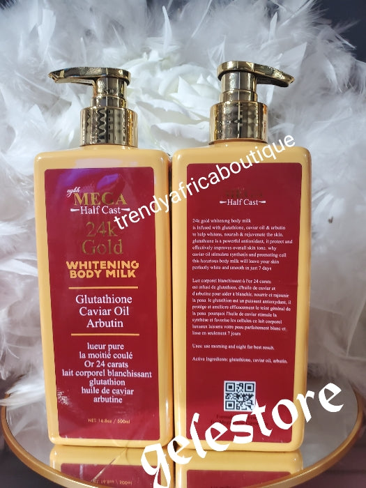 Another Banga body Milk!!! Mega Halfcast 24k Gold whitening body lotion with caviar oil, glutathione & Arbutin. Spf50. White & smooth in 7 days visible RESULTS. 500ML X 1.