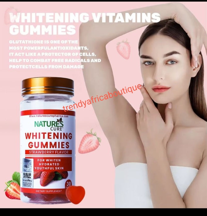 X 1 bottle sale. AUTHENTIC Nature's Cure whitening gummies supplements, Strawberry flavor. Skin whitening, hydrates and youthful skin. 30gummiea per bottle.