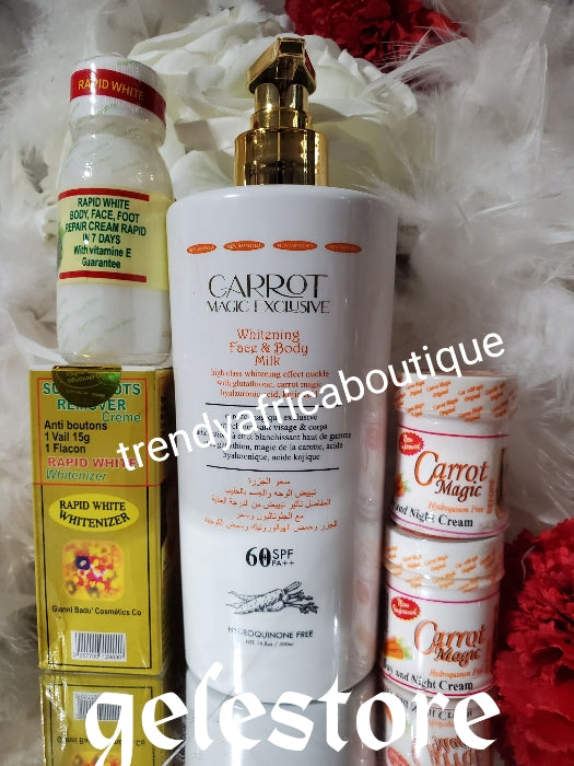 4pcs set: Carrot Magic Exclusive Whitening body lotion spf60 +.Rapid white whitenizer spot remover serum + 2 jar of Carrot magic day and night face cream👌👌