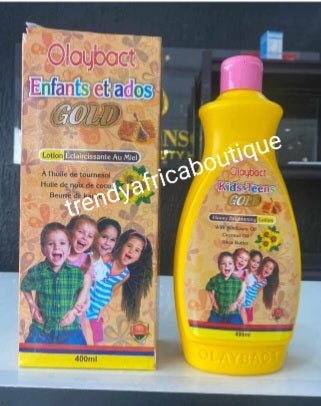 X 2 bottles Olaybact kids & Teens Gold Honey brightening body lotion for ages 3yrs and up 400mlx1. With Sun flower oil, coconut oil .x 2 bottles