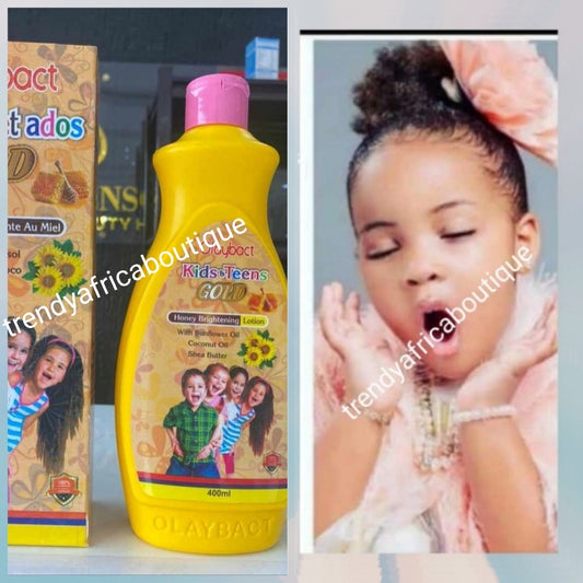 X 2 bottles Olaybact kids & Teens Gold Honey brightening body lotion for ages 3yrs and up 400mlx1. With Sun flower oil, coconut oil .x 2 bottles