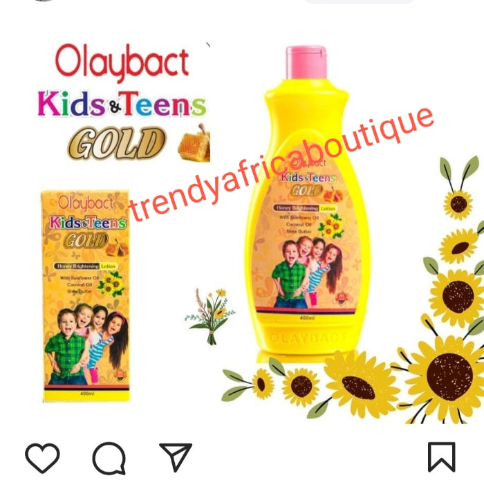 X 2 bottles Olaybact kids & Teens Gold Honey brightening body lotion for ages 3yrs and up 400mlx1. With Sun flower oil, coconut oil .x 2 bottles