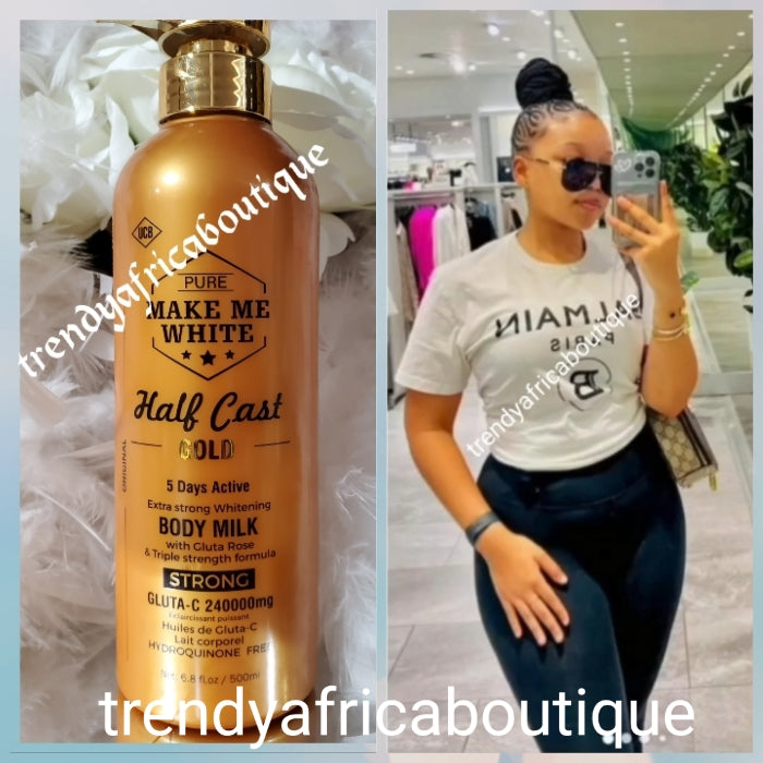 Another BANGA👌, Pure Make Me White half cast GOLD 5 DAYS ACTIVE Extra strong Whitening body milk with gluta rose. Triple strenght formula with GLUTA-C  500ml x 1 body lotion 👌 💯 satisfaction,