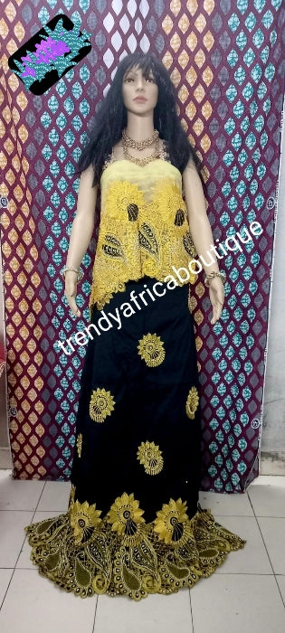 New arrival: 5yrds blackyellow quality  embriodered taffeta stoned George wrapper + 2 yds. matching net for making blouse combination. Nigerian traditional wedding Quality Indian-George. 5yds wrapper + 1.8yds net.Aso-ebi discount available) (Copy)