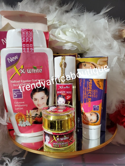 4pcs set: XX- white Halfcast Egyptian Gold body lotion, half cast oil,  face cream & perfect skin tube cream 5 days action. vitamin B3, glutathion, Albutin,glutathione. Extra whitening set