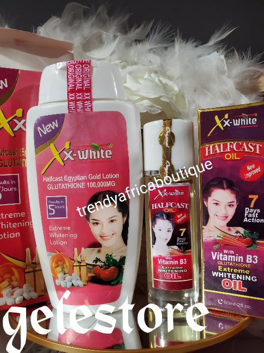 2pcs set: XX- white Halfcast Egyptian Gold body lotion and Xx white half cast oil, 5 days action. vitamin B3, glutathion, Albutin,glutathione. xtra whitening set