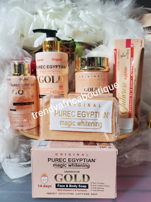 PERFEKTE KOMBINATION: 5-in-1-Set. AUTHENTISCHE Purec Egyptian Magic Gold Körperlotion, Serum 100 ml, Gesichtscreme, Seife &amp; Gluta Rose ägyptische Tubencreme, Hydrochinonfrei!!