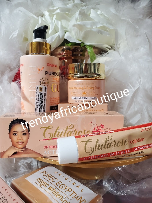 PERFEKTE KOMBINATION: 5-in-1-Set. AUTHENTISCHE Purec Egyptian Magic Gold Körperlotion, Serum 100 ml, Gesichtscreme, Seife &amp; Gluta Rose ägyptische Tubencreme, Hydrochinonfrei!!